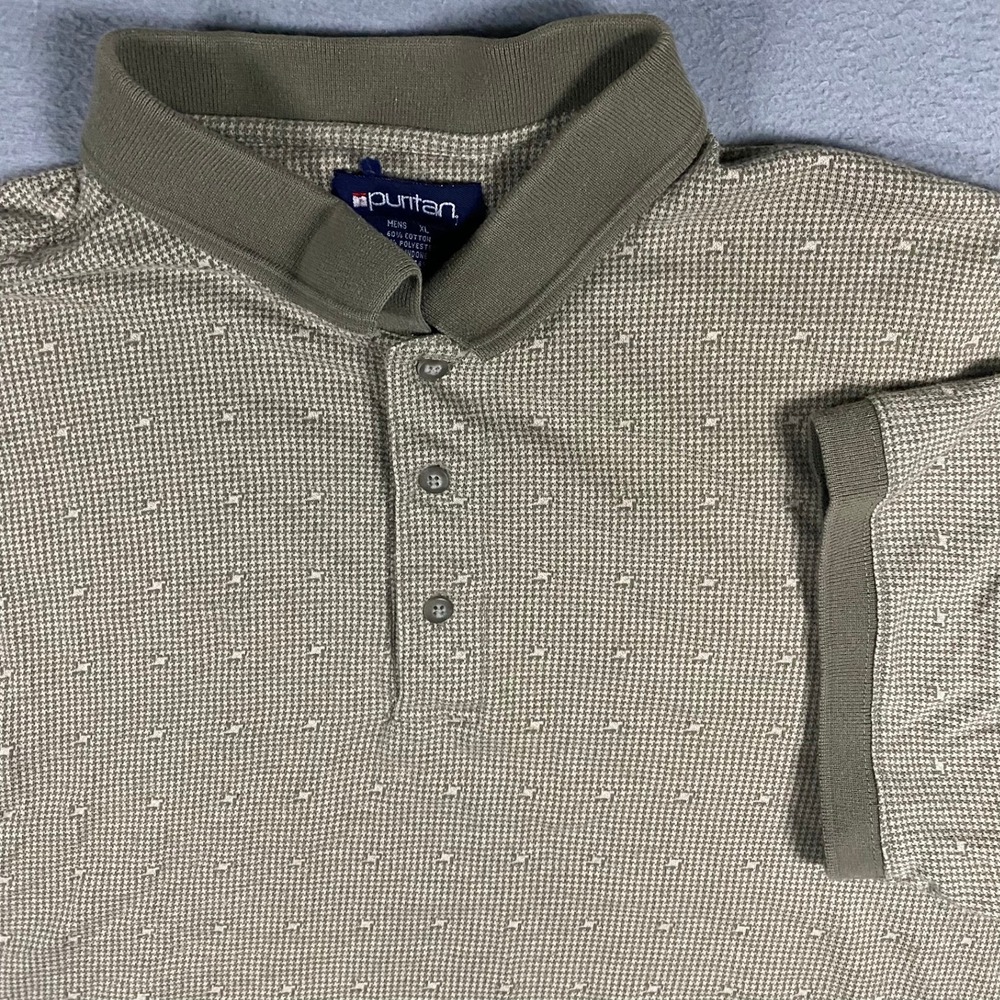 Vintage Puritan Polo Shirt Mens XL Tan Houndstooth Short Sleeve Casual